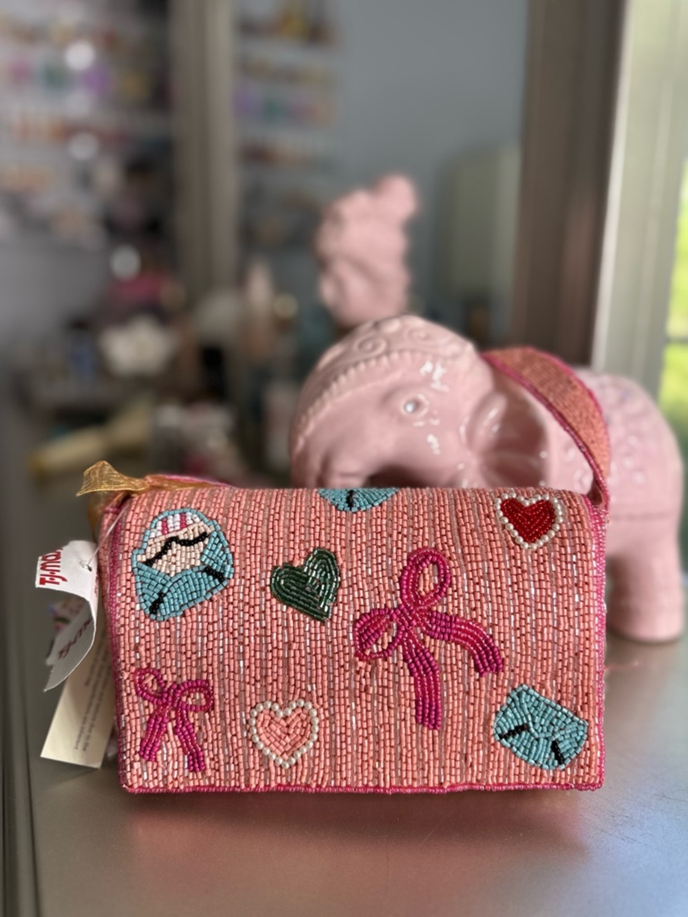 Pink Bow and Heart Beaded Shoulder Handbag with Pearls